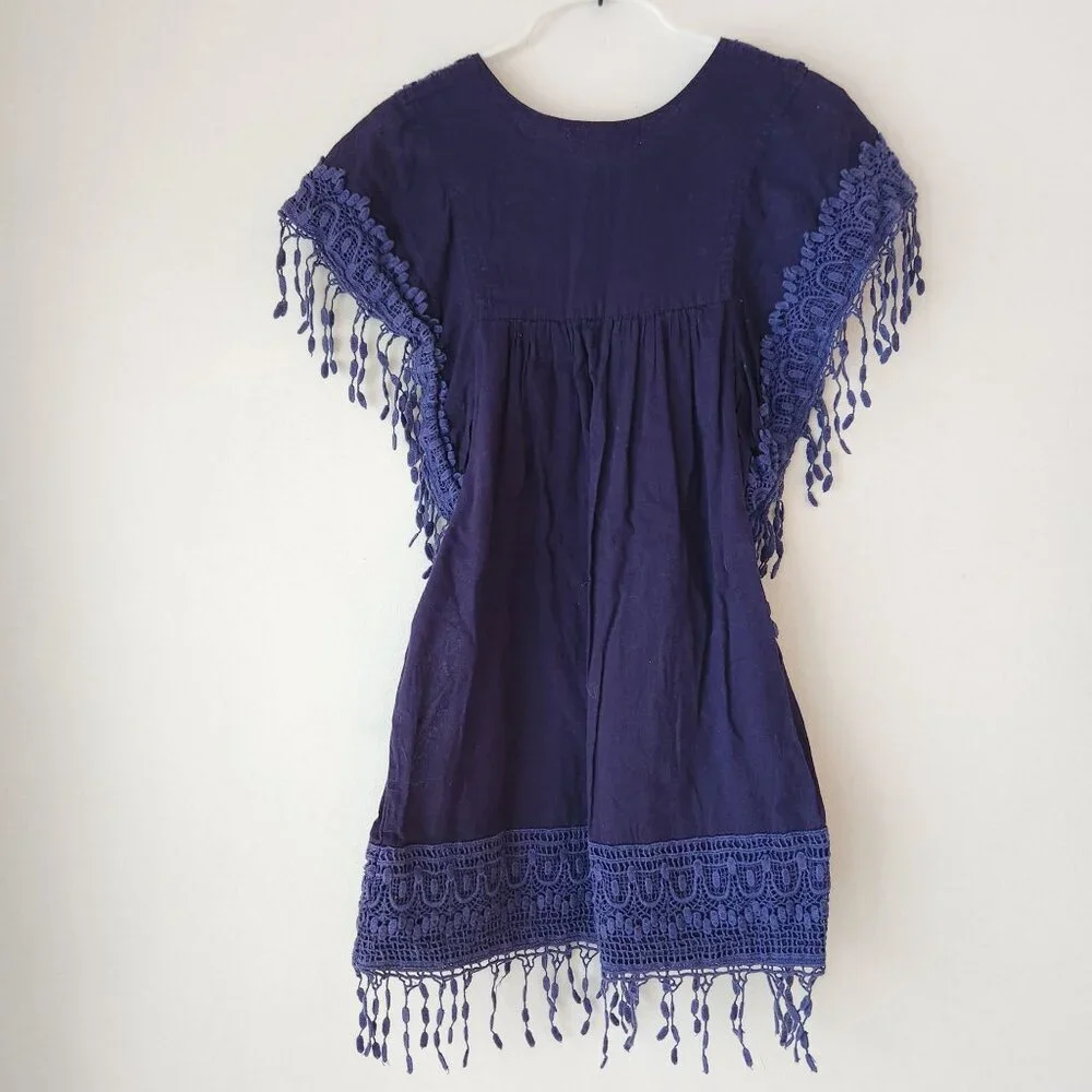 Garnet Hill Kids Blue Tunic Dress Lace Fringe Trim Summer 100% Cotton Girls M